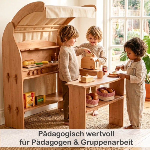 Holz Kinderküche harmonisch im Kinderzimmer integriert – natürliches Design
