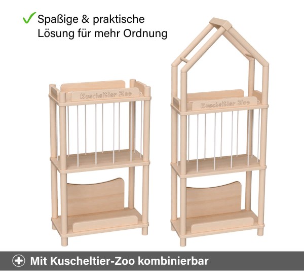 Spielzeugregal schmal mit Kuscheltierzoo kombinierbar für mehr Ordnung
