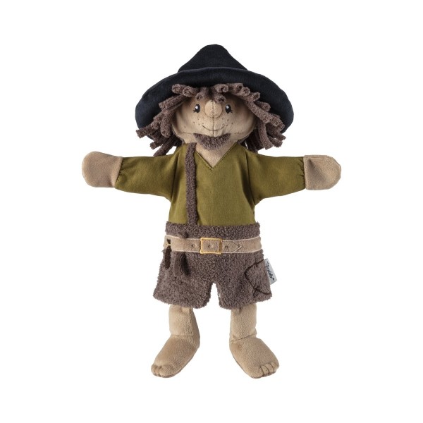 Frontalansicht der bunten Räuber Handpuppe aus weichem Flauschstoff für Kinder