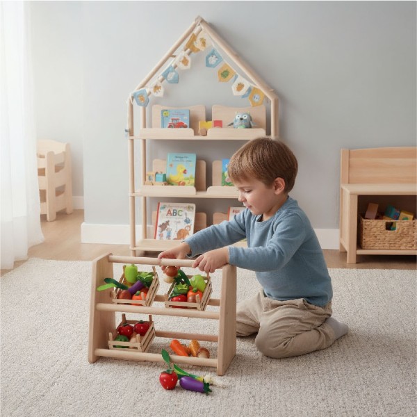 Spiellebensmittel Set aus Holz mit Stiege mit Obst und Gemüse