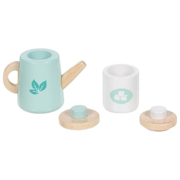 Tablett mit Zubehör des Kinder Teeservice aus Holz