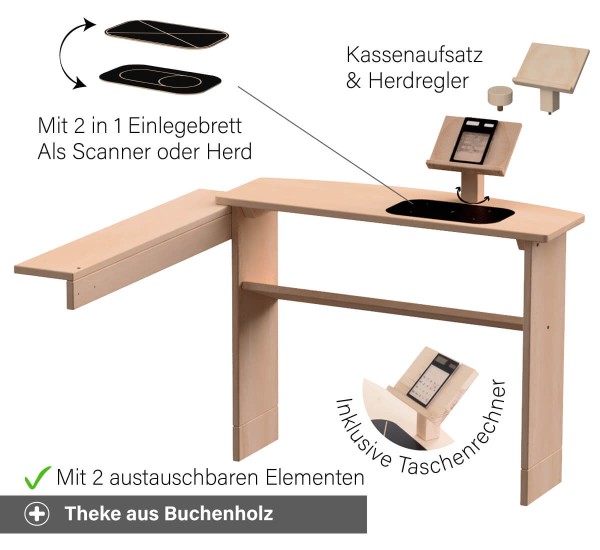 Kaufladen Theke weiß mit vielen Funktionen - Beidseitiges Brett, austauschbare Elemente und ein Taschenrechner
