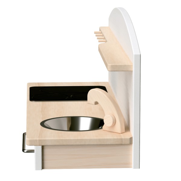 Tischküche aus Holz weiss - natur - Perspektive Seitenansicht