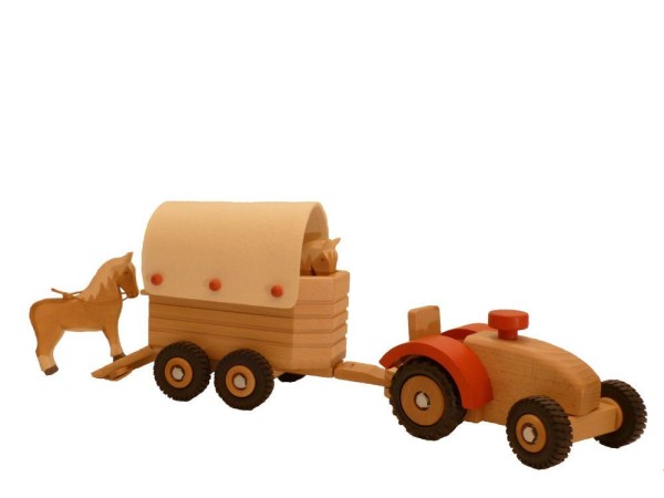 Trecker mit Anhänger und einem Pferd für Kinder aus Holz