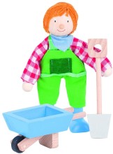Goki Biegepuppe - Bauer - Gärtner - Landwirtschaft - Handwerk - 3-teilig Premium Rollenspiel - Puppe - Schubkarre - Spaten - Puppen-Zubehör – Puppenhaus – Puppenstube – Lernspielzeug