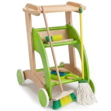 Kinder Putzwagen aus Holz mit Besen, Mop und weiterem Zubehör