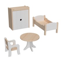 Mehrteiliges Puppenmöbel-Set im Waldorf-Stil aus Holz in Weiß-Natur, bestehend aus Schrank, Bett, Tisch und Stuhl